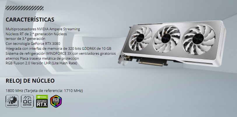 Tarjeta de Video RTX 3080 - Gigabyte Vision OC - 10 GB GDDR6X